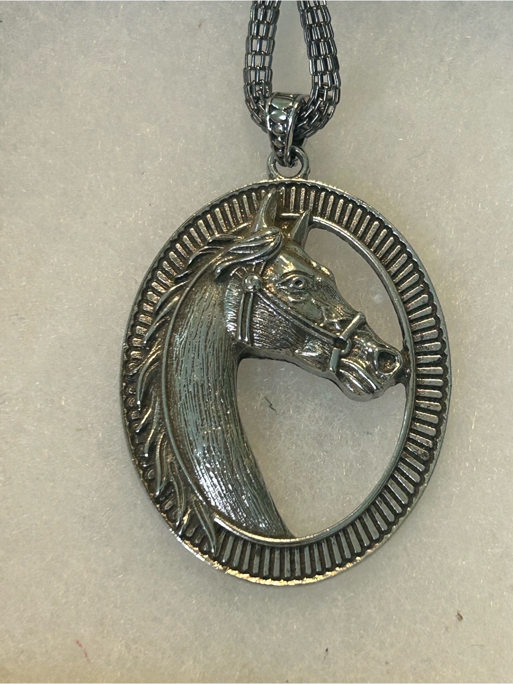 Horse Head Pendant Necklace in Antique Silver Tone on a Lightweight Chain.